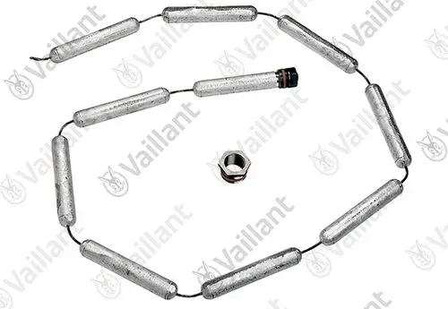 Kette aus Metall mit Zylindern und einem Verbindungselement, möglicherweise für Heizungsanlagen. Produkt der Marke Vaillant.